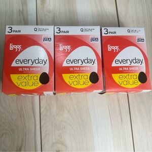 Lot of 3 NIB L'eggs Everyday Ultra Sheer Pantyhose Jet Black Size Q Value pack